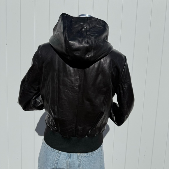 Black all real leather zip-up bomber style jacket lined with hood - Picture 3 of 9